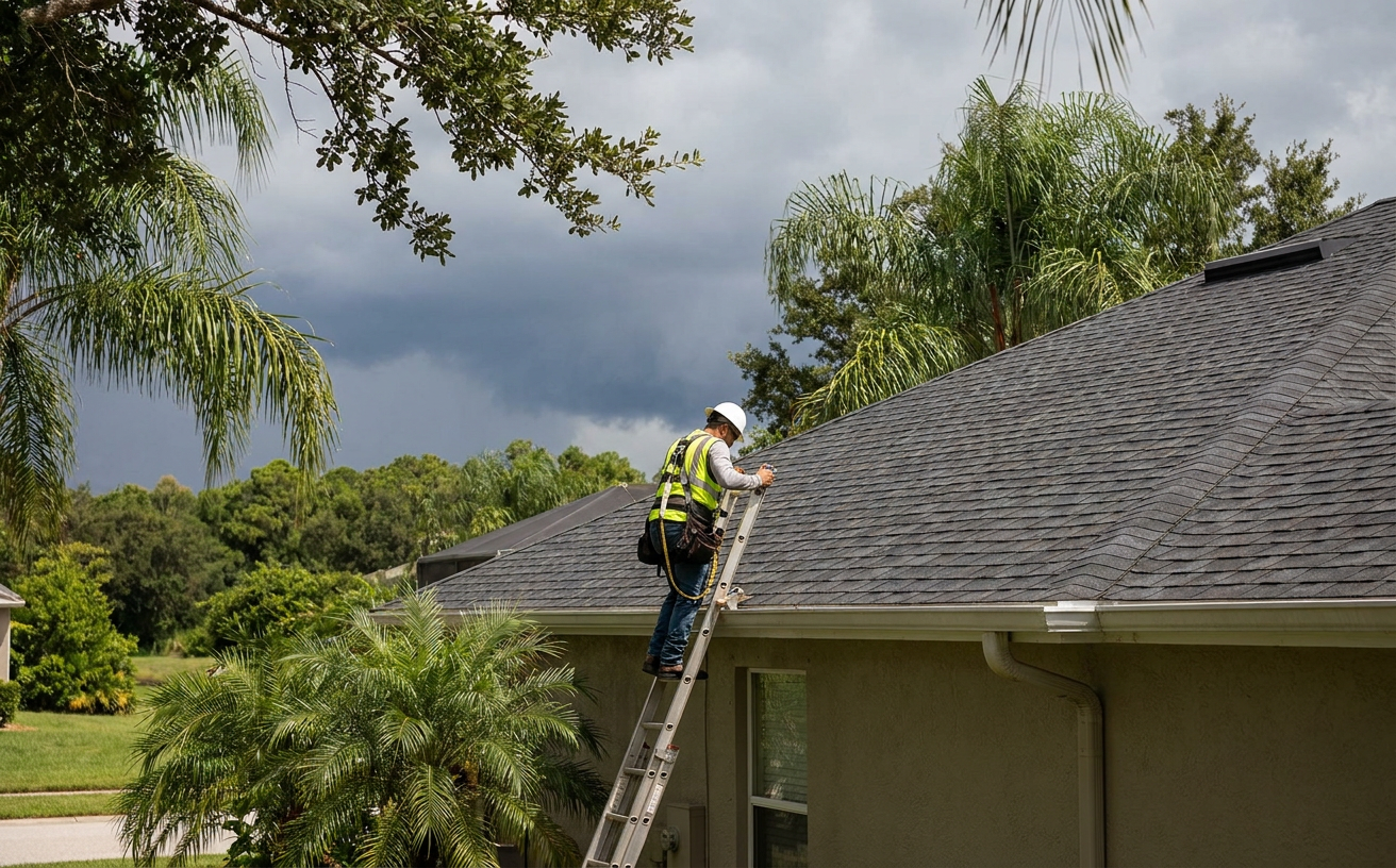 Central Florida homeowner reviewing roofing needs while a professional inspects the roof
