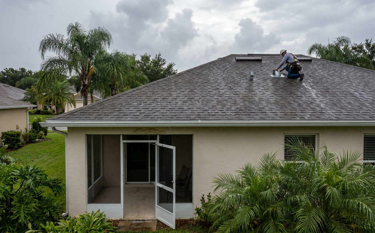 Roofing professional inspecting a hidden leak on a Central Florida home after rain