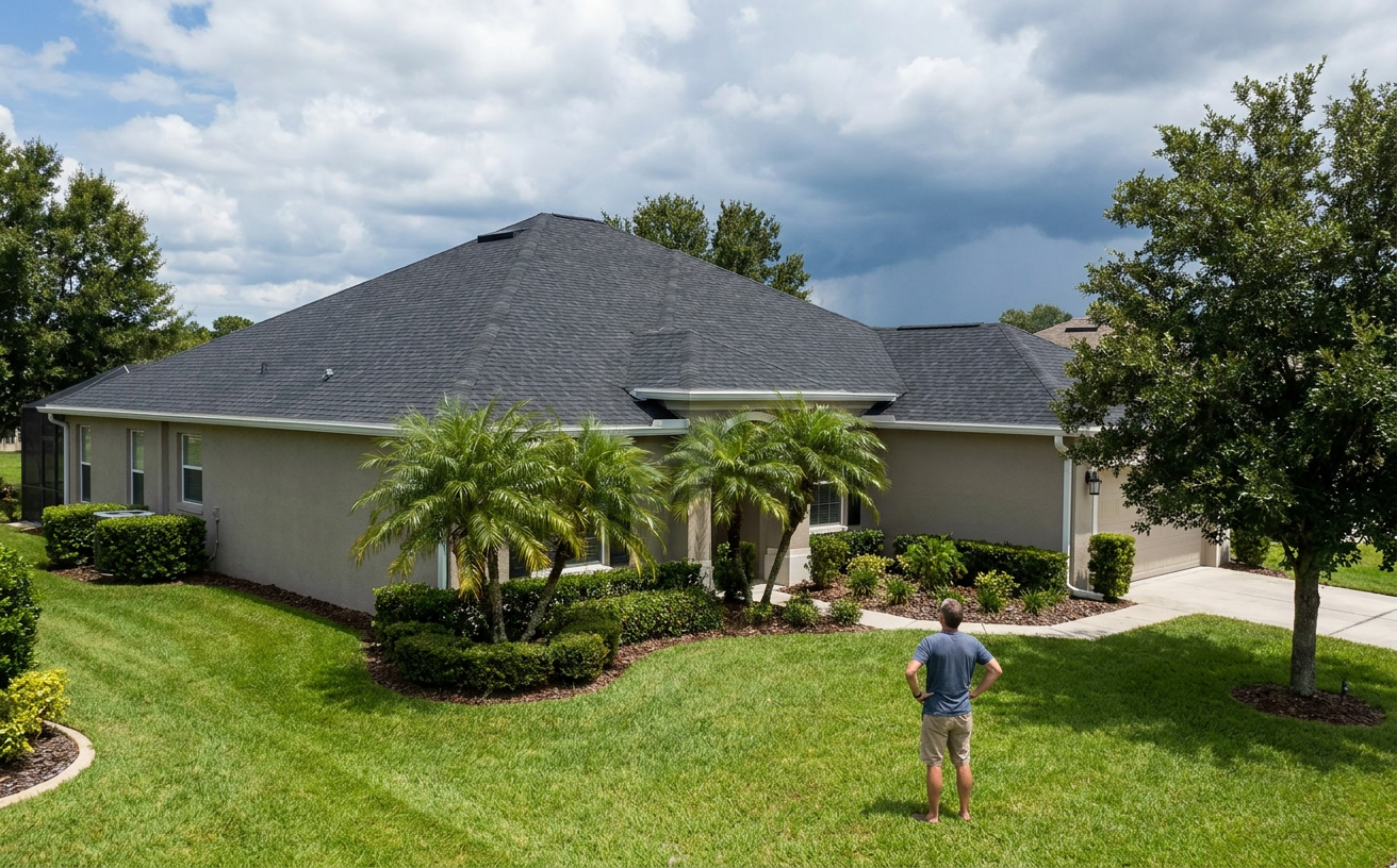 New Central Florida homeowner safely checking a home's roof from the ground before storm season